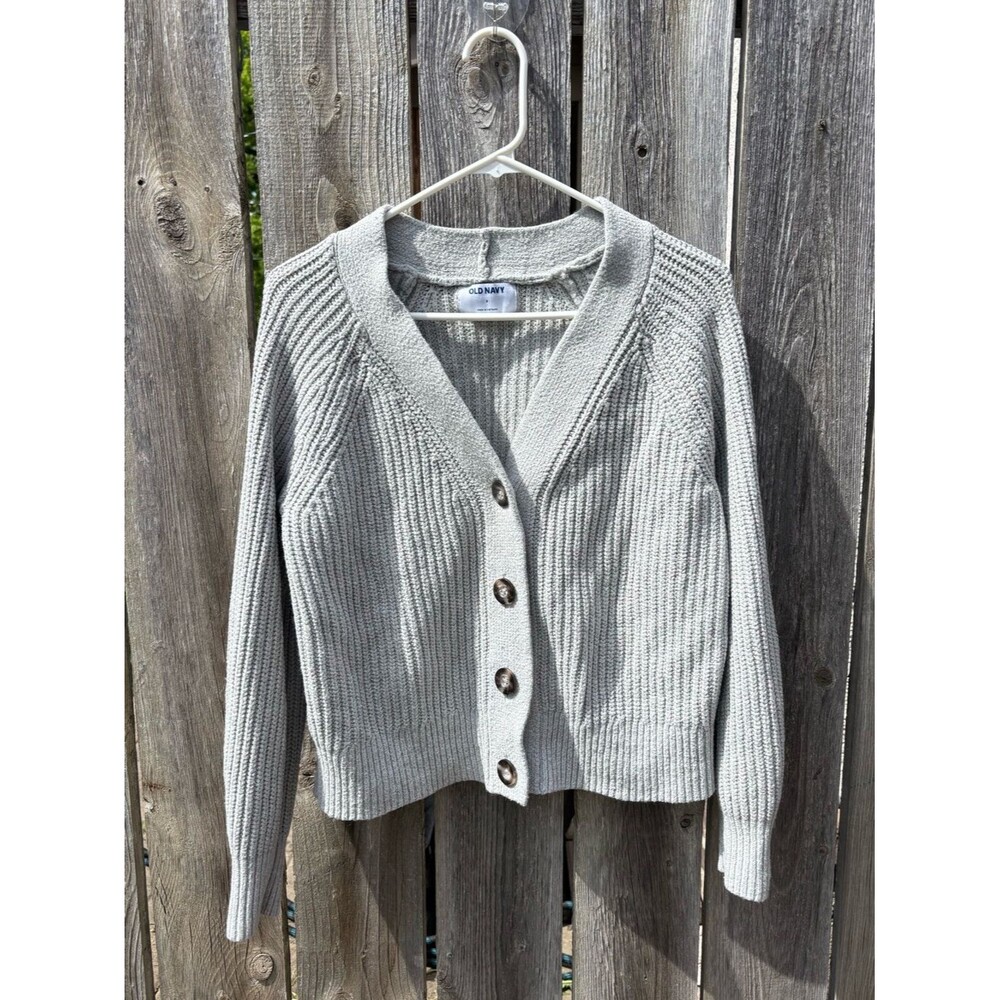 Old Navy Women's Light Gray Ribbed Button-Front Cardigan Sweater